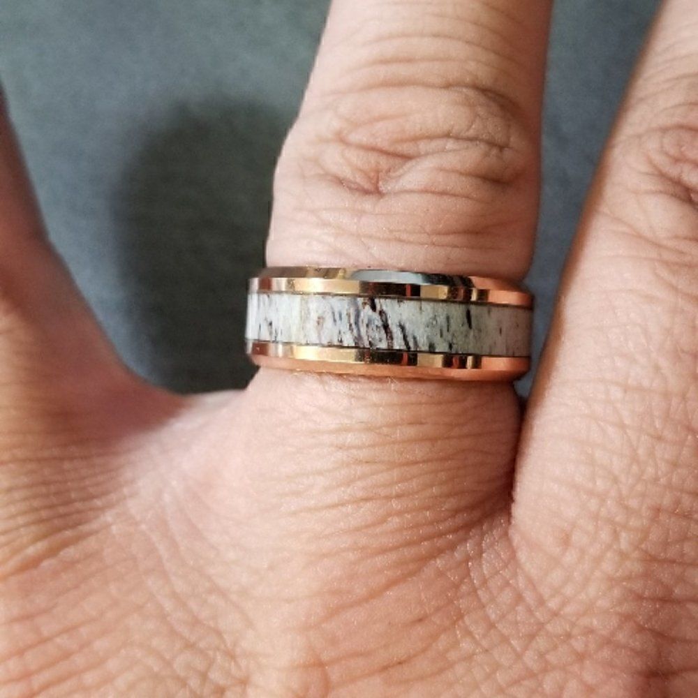 Engraved Men's Real Rose Gold Tungsten Wedding Ring - Deer Antler Inlay 14K RG - Picture 2 of 7